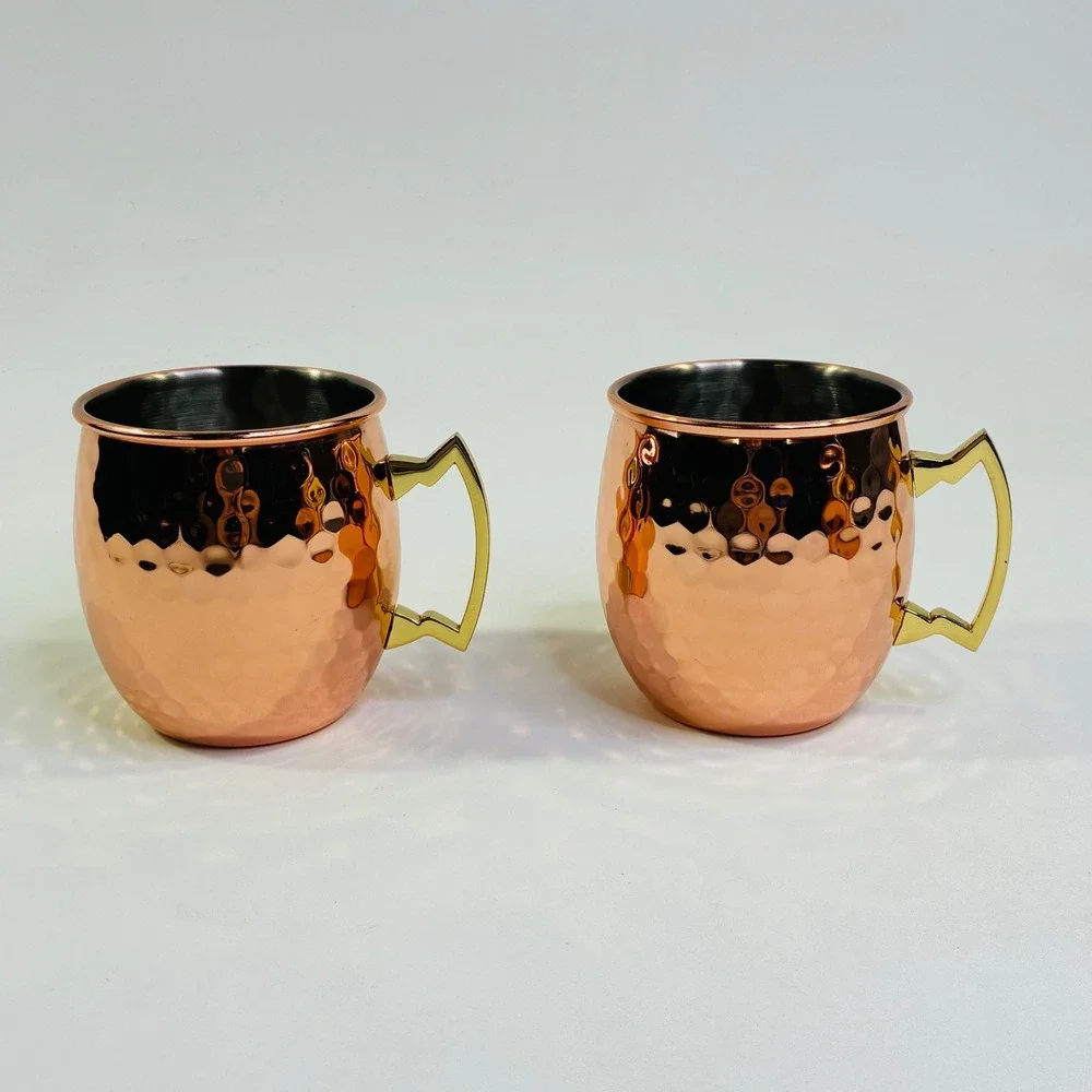 Hammered India Pure Copper Tea Kettle and 2 Moscow Mule Mugs Set Brass Handles